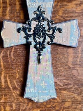 Decorative Wooden Cross Wall Art in Distressed Pastel Blue